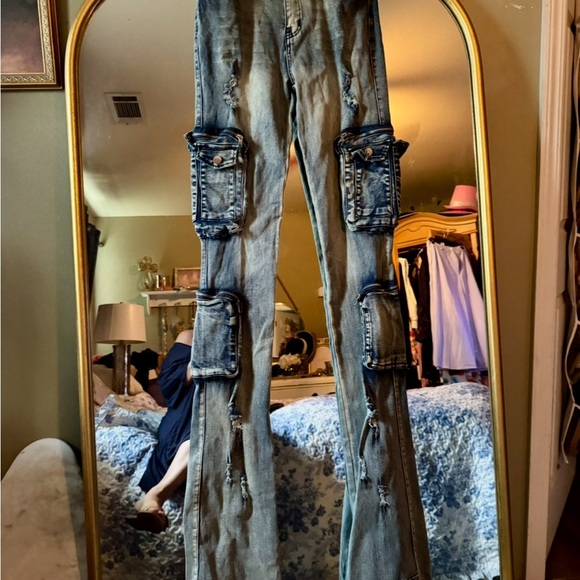 Women's Straight Leg Cargo  super stacked Jeans - Distressed Blue - Picture 2 of 6